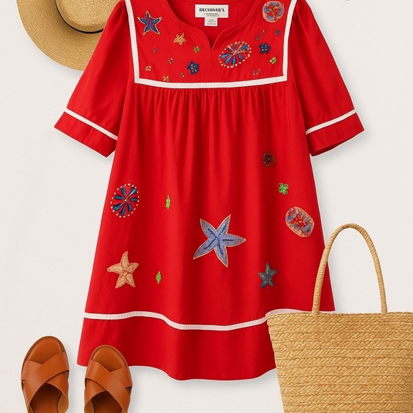 Bechamel Dresses & Skirts - Vintage Bechamel Petites Red Embroidered Boho Starfish Dress PL